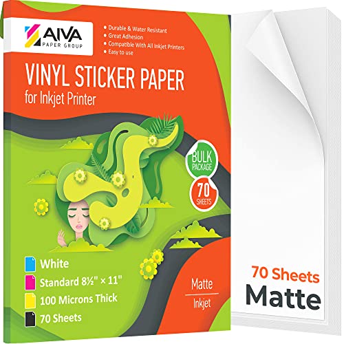 Printable Vinyl Sticker Paper - Waterproof Decal Paper for Inkjet Printer - 70 Self-Adhesive Sheets - Matte White - Standard Letter Size 8.5"x11" - 1. Matte - 70 Sheets