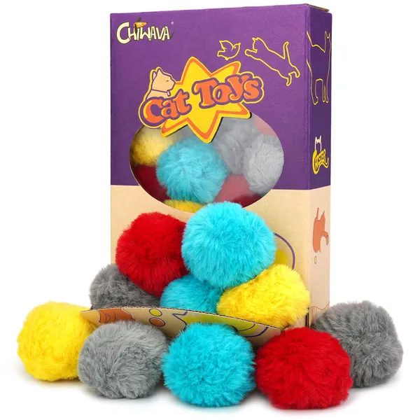 Chiwava 24PCS 1.8" Catnip Furry Cat Toys Ball Soft Pom Pom Balls Kitten Chase Quiet Play Assorted Color - 