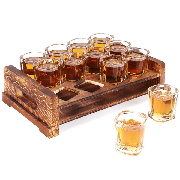 Shot Glass Holder Set with 12 Clear Shot Glasses, Vivimee 2.3 oz Square Shot Glasses Set with Rustic Burnt Wood Serving Tray, Crystal Shot Glass for Whiskey, Tequila, Liqueurs, Party & Collection - 