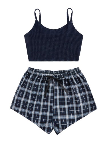 [SUGGESTED GIFT] SheIn Women's 2 Piece Sleeveless Button Crop Tank Tops and Shorts Lounge Set - Small Black and Blue