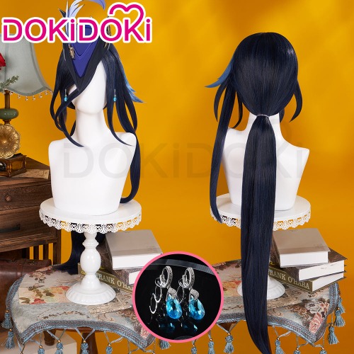 DokiDoki Game Genshin Impact Cosplay Clorinde Wig Long Blue Pony Tail Fontaine/ Earring | Wig+Earrings*2-Ready For Ship