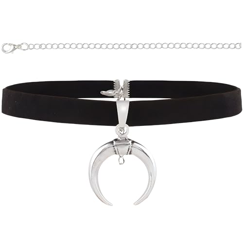 STACKABLE CREATIONS Black Suede Leather Choker Necklace with Silver Crescent Moon Pendant for Women Girls Men Kids