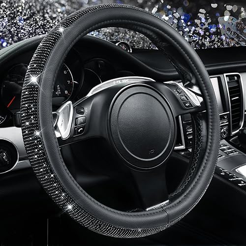 CAR PASS Bling Diamond Leather Steering Wheel Cover, With Sparkly Crystal Glitter Rhinestones Universal Fit 14"1/2-15" Car Wheel Protector for Women Girl Fit Suvs,Vans,Sedans,Car,Trucks, Black Diamond - Black Diamond on Velvet