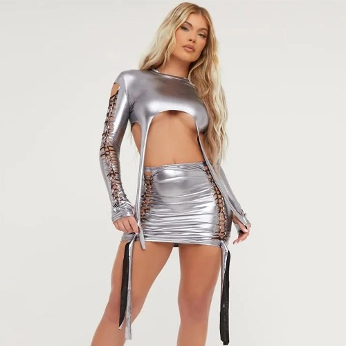Silver Chrome Metallic Sexy Two-Piece Outfit - Silver / S