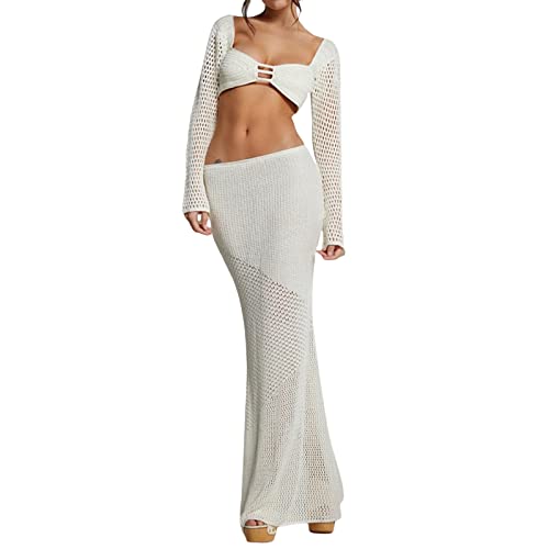 Tsnbre Knit Sets Two Piece Skirt Outfits for Women Hollow Out Long Sleeve Crop Top Bodycon Maxi Dress 2 Piece Summer Set - White - Small