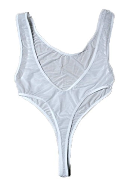 LinvMe Women's Sexy See Through High Cut Bodysuit Thong Leotard Sleeveless Lingerie - One Size - White