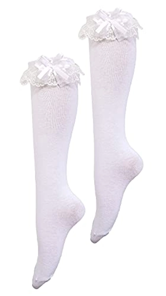 CAT KO Women Soft Knee High Socks Lovely&Cute Solid color Lace Ruffle Bow Girls socks for Lolita - One Size - White