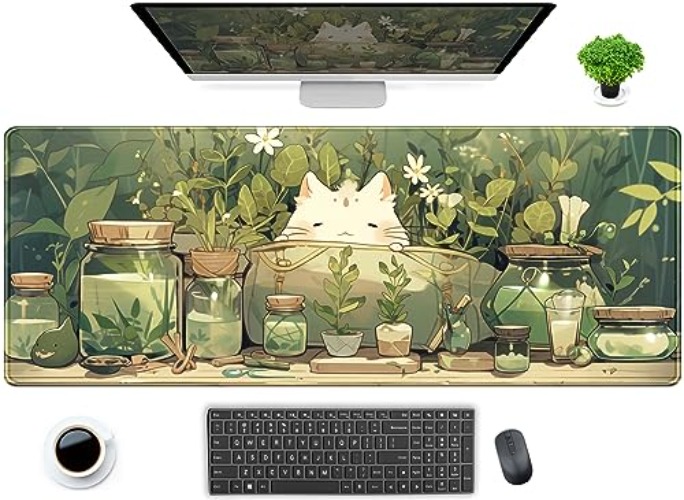 Cute Kawaii White Cat Anime Green Plant Leaves Desk Mat Large Mouse Pad Gaming Desk Pad, XL Extended Mousepad Desk Accessories for Women Office Decor Long Laptop Keyboard Mouse Mat 31.5x11.8 in - Beige Green Cat - 31.5" x 11.8"