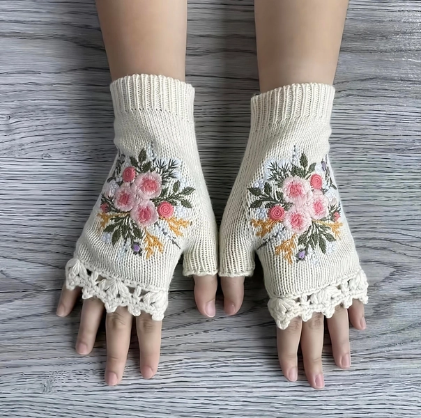 Womens Fingerless Knit Cottagecore Gloves Floral Embroidery Gloves