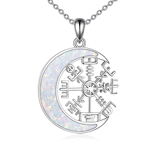 URONE Viking Compass Necklace 925 Sterling Silver Opal/Crystal/Abalone Shell Moon Pendant Necklace Norse Viking Vegvisir Jewelry Gift for Women Men Nordic Pagan - Opal Moon