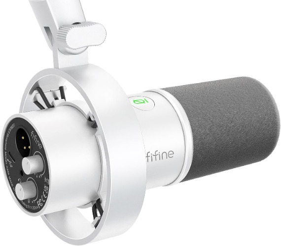 FIFINE K688 USB/XLR Dynamic Mic with Shock Mount, Touch-Mute, Headphone Jack, I/O Controls for Podcasting | US / White / Grey Fluffy Pop Filter