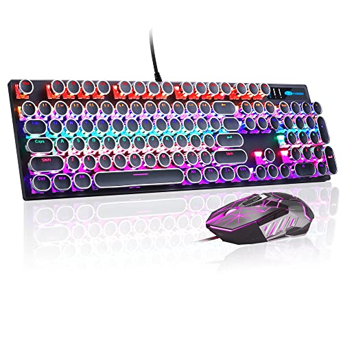 Typewriter Mechanical Gaming Keyboard and Mouse Combo, Retro Punk Round Keycaps RGB Rainbow LED Backlit USB Wired Computer Keyboard for Game and Office, for Windows Laptop PC, Red Switches(Black) - Black and Rainbow
