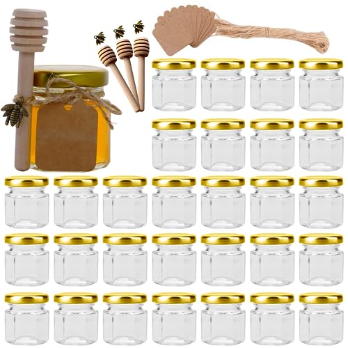 Woaiwo-q 1.5 oz Hexagon Mini Glass Honey Jars, 30 Pack Hexagon Glass Jars with Lids(Golden),Wooden Honey Sticks,Bronzy Bee Pendants,Small Tags, Jute Twine for Honey, Wedding Favors,Jams.