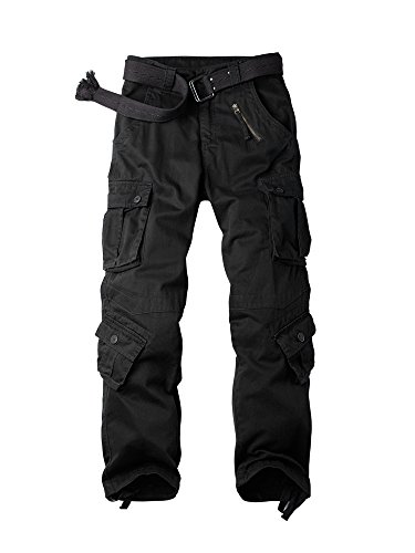 OCHENTA Men's Casual Military Cargo Pants Baggy Camo Work Trousers with 8 Pockets (No Belt) - 34 - #3357 Black