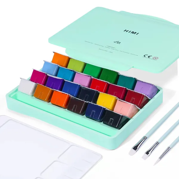 HIMI Gouache Paint Set, 24 Colors x 30ml Unique Jelly Cup Design with 3 Paint Brushes and a Palette in a Carrying Case | Green