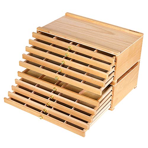 MEEDEN 10-Drawer Artist Supply Storage Box - Large Capacity Multi-Function Beech-Wood Pencil Box with Drawer & Compartments for Organizing Pastels, Pencils, Pens, Markers, Brushes & Stamp - Natural - 10-Drawer Storage Box