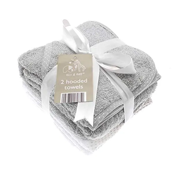 Pack of 2 white and Grey Elli and Raff Baby Hooded Bath Time Towel 100% Cotton Baby Gift - Grey and White