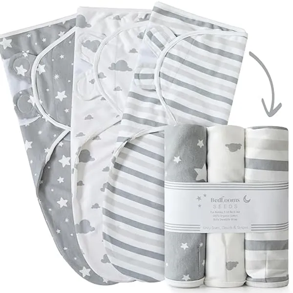 ikads Baby Swaddle Blanket 0-3 Months - 100% Breathable Organic Cotton Fabric - Baby Swaddle Wrap for New Born - Pack of 3 Baby Swaddles for Newborn with Hooks & Loop (Grey) - Baby - Grey