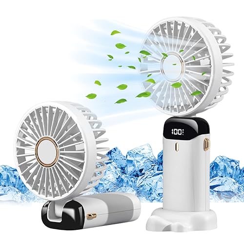 Jsdoin Hand Held Fan,Portable Handheld USB Rechargeable Fans with 5 Speeds,Battery Operated Mini Fan Foldable Desk Desktop Fans with LED Display for Home Office Bedroom Outdoor Travel (White) - White