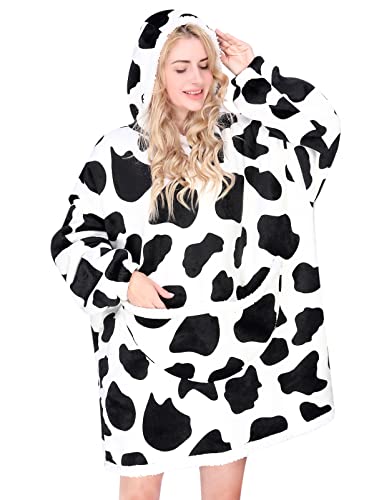 Blanket Hoodie - Wearable Oversized Fleece Blanket with Hood, Snuggle Hoodie with Sleeves and 2 Large Pockets - Thick, Extra Warm, Long, Comfy, Cozy - Unisex - One Size Fits All for Adults or Kids - Cows Adult