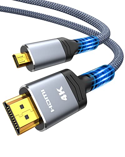 Highwings 4K Micro HDMI to HDMI Cable 10FT, Micro Male to HDMI Male Cable Nylon Braided Cord Adapter 2.0 4K@60HZ 2K@165HZ 18Gbps Compatible with Laptop Camera Connected to Monitor Projector 10FT Grey - 10 Feet