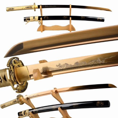 Handmade Gold Blade Japanese Samurai Sword Hand Etching engrave Gold Dragon Katana Full Tang Sharp Can Cut Bamboo Trees (Gold Dragon Katana) - 