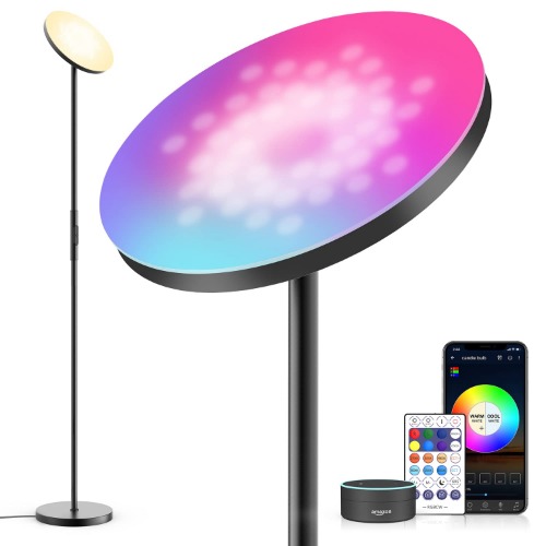 Smart RGB Floor Lamp Works with Alexa Google Home, WiFi Remote Modern Tall Standing Light, Super Bright 2000LM Color Changing & Dimmable Sky Torchiere LED Floor Lamp for Living Room, Bedroom (Black) - Black