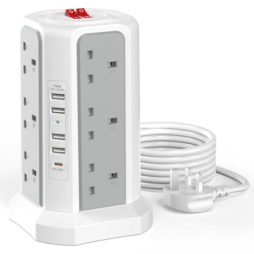 Tower Extension Lead with USB Slots with 20W USB C Fast Charger(5V/3.1A), HAFINO 12 Way Plug Extension Tower, Surge Protected Extension Lead with Switch, Multi Plug Socket with 3M Extension Cable - 3M - Gray and White