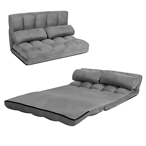 COSTWAY Double Folding Sofa Bed, 6-Position Adjustable Lounger Sleeper Seat Chair with 2 Pillows, Home Office Living Room Bedroom Floor Lazy Sofa Bed (Grey) - Gray