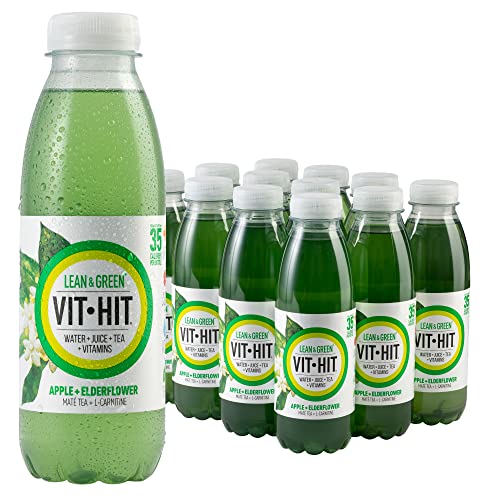 VIT HIT Lean & Green - 12 x Apple + Elderflower + Mate Tea + L-Carnitine | Vegan, Low Sugar, Low Calories, Vitamin Drink | 100% RDA of 8 Vitamins (500ml x 12 Bottles) - Apple & Elderflower, Mate Tea