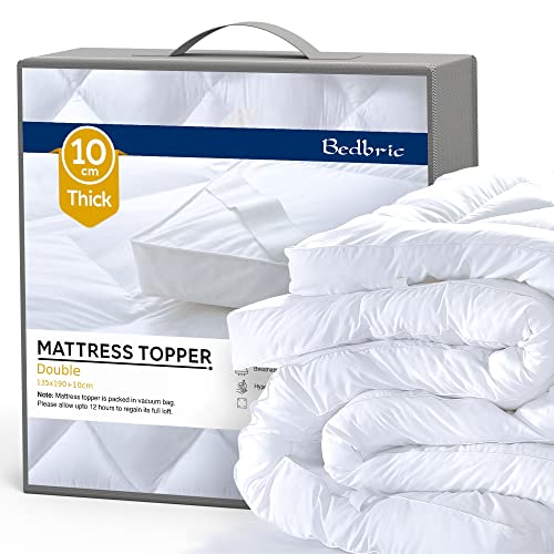 Bedbric Mattress Topper Double Bed 4 Inches Thick - Soft & Fluffy Quilted Double Mattress Topper - Hypoallergenic Mattress Toppers with Elastic Straps - Double (135 x 190 x 10)