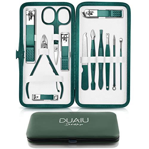 Nail Clippers Manicure Set DUAIU 12PCs Professional Nail Clipper Set Stainless Steel Pedicure Kit for Men Women Nail Care Tools Grooming Kit with Travel Case (Green)