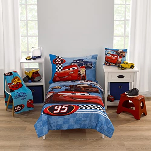Disney Cars Radiator Springs White, Blue, and Red Lightning McQueen and Tow-Mater 4 Piece Toddler Bed Set - Comforter, Fitted Bottom Sheet, Flat Top Sheet and Reversible Pillowcase - Cars - Radiator Springs