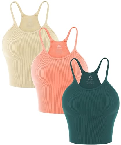 Sunzel Free to Be Tank, Crop Ribbed Tank Tops Seamless Racerback Camisoles No pad Camis Cropped Workout Gym Yoga - Bbeige Coral Teal(3pcs) - X-Small-Small