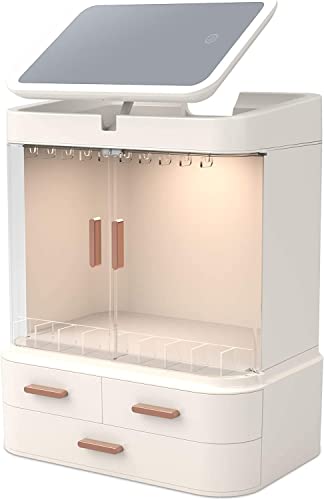 TAHEXUN Makeup Organizer with LED Mirror,Mirror can be Adjusted 360°Rotation,Large Capacity Dustproof and Waterproof,The Cabinet Has LED Display Lights,and Drawers of Cosmetic Organizers (White) - White