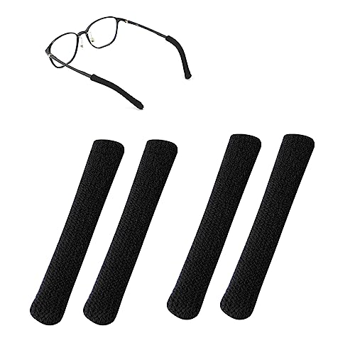 4pcs Eyeglass Ear Cushions, Soft Knitted Cotton Anti Slip Temple Pads Eyeglass Temple Tips Eyeglass Pads Behind The Ear Eyewear Retainer Glasses Arm Sleeve for Sunglasses Glasses (Black)