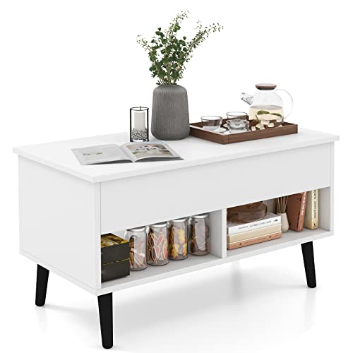 Multigot Lift Top Coffee Table, Wooden Snack Sofa Side Tea Table with Hidden Compartment and Open Shelf, Retractable Cocktail Center Table for Living Room and Bedroom (White) - White