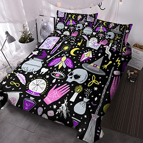 BlessLiving Halloween Witch Items Bedding King Witchcraft Duvet Cover Set 3 Piece Quilt Cover and 2 Pillowcases Wiccan Gift (Purple Pink and Black) - King - 1