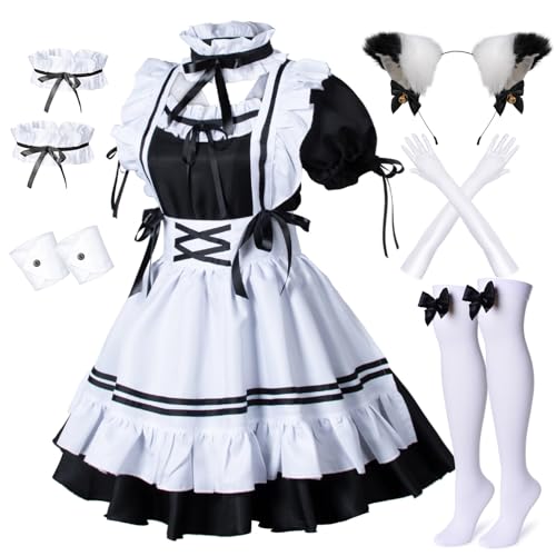 Wannsee Anime French Maid Apron Lolita Fancy Dress Cosplay Costume Furry Cat Ear Gloves Socks Set(Black/Pink) - XX-Large - Black-white