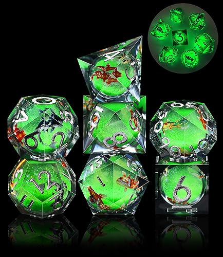 AUSTOR Liquid Core Koi Fish Resin DND Dice Set, 7-Die Glow in The Dark Dice Sharp Edge Polyhedral Dice Luminous Dice Role Playing Dice for Dungeons and Dragons RPG MTG Table Games - Koi - Black & Green