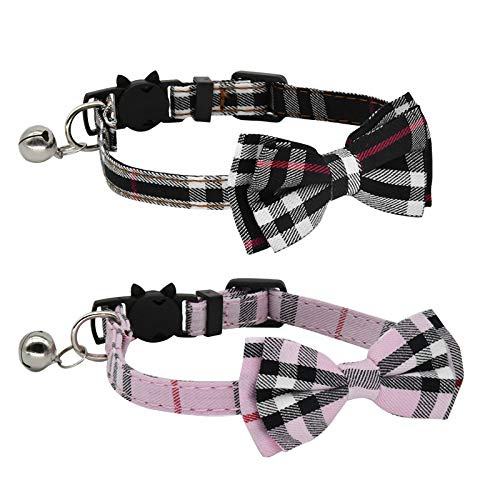 CHUKCHI 2 Pack/Set Cat Collar Breakaway with Cute Bow Tie and Bell for Kitty and Some Puppies, Adjustable from 7.8-10.5 Inch (Black+Pink)
