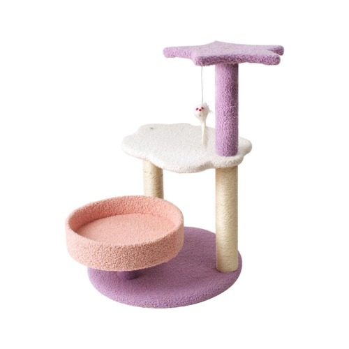 Floofi Cat Tree with Scratching Post & Kitten Teaser Toy, Multilevel Tower & Playhouse for Indoors - Easy Assembly & Sturdy (61 cm Pink & Purples Galaxy)