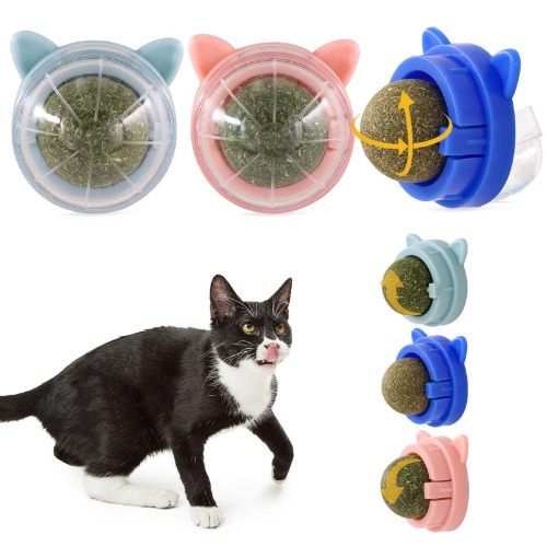 3 Catnip Balls, 360 ° Rotatable Cat Wall Snacks, Edible Interactive Cat Toys, Kitten Chew Treats for Cleaning Teeth - Cat shape $13.99