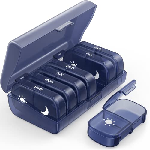 Extra Large Weekly Pill Organizer 2 Times a Day, One-Side Open Pill Box 7 Day for Easy Filling, Black Privacy Protection AM PM Pill Case for Vitamins, Medication, Supplements, Fish Oils Navy Blue - Navy Blue