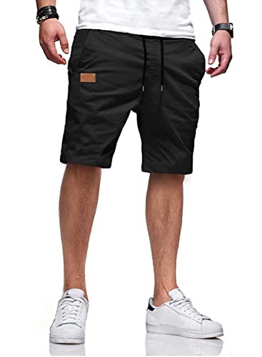 Jolicloth Mens Shorts Summer Cotton Casual Shorts with Drawstring Elastic Waist Pockets - 38 - Black