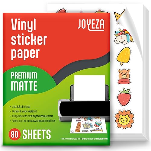 JOYEZA Premium Printable Vinyl Sticker Paper for Inkjet Printer - 80 Sheets Matte White Waterproof, Dries Quickly Vivid Colors, Holds Ink Well- Tear Resistant - Inkjet & Laser Printer - 80-Pack