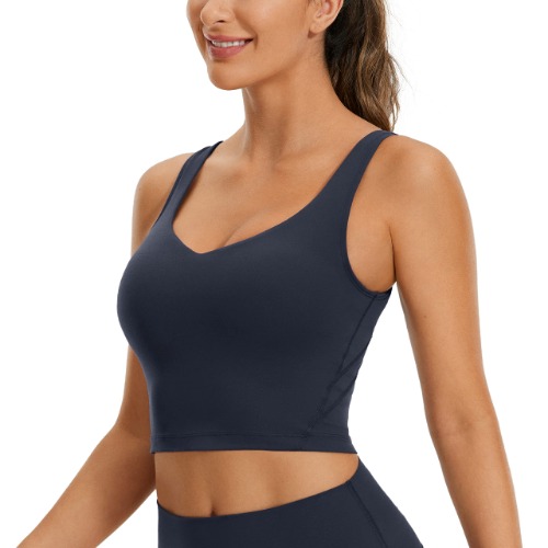 CRZ YOGA Butterluxe Womens V Neck Longline Sports Bra - Padded Workout Crop Tank Top with Built in Bra - Large - Twilight Blue
