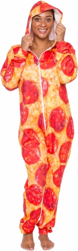 Hooded Pizza Jumpsuit - Adult Pepperoni Pizza Costume - Print Long Sleeve Zip Pajamas by Silver Lilly - Large