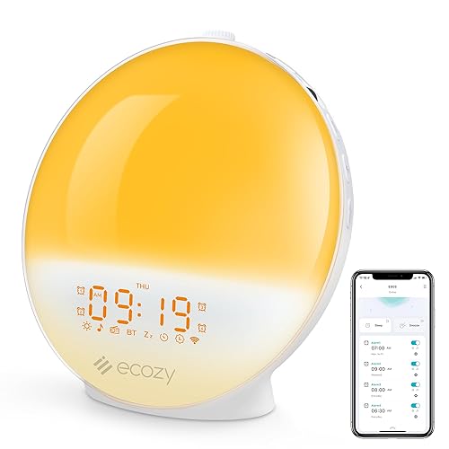 ecozy Sunrise Alarm Clock for Heavy Sleepers, Smart Wake Up Light with Sunrise/Sunset Simulation, App & Voice Controlled, Natural Sounds & FM Radio, 4 Alarms & Snooze, 8 Colors Night Light for Bedroom