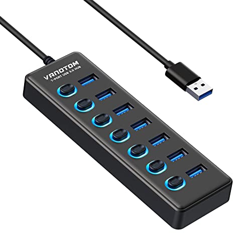 VANOTOM USB 3.0 Hub, 7-Port USB Hub Splitter with LED Individual On/Off Switches and 3ft Extended Long Cable for Laptop, MacBook, Surface Pro, PS4/5, Flash Drive, HDD - 3FT - 7 Port